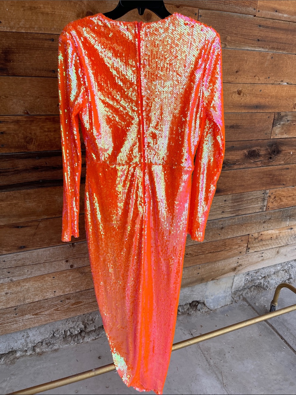 AKIRA Neon Orange Sequin Deep V Long Sleeve Gown - Picture 5 of 5
